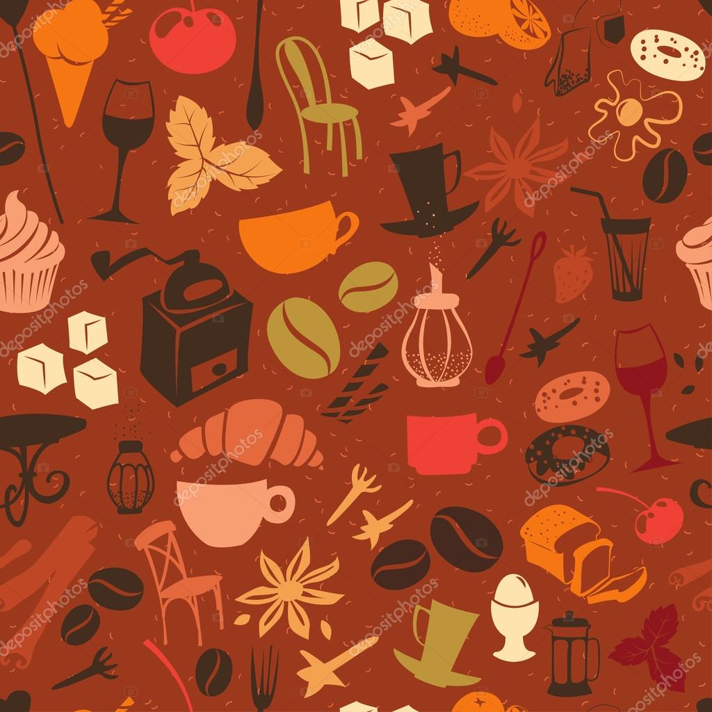 Vector illustration Seamless coffee pattern with latte, cappuccino, pies, doughnuts,  croissants, cups, glasses and other cafe objects