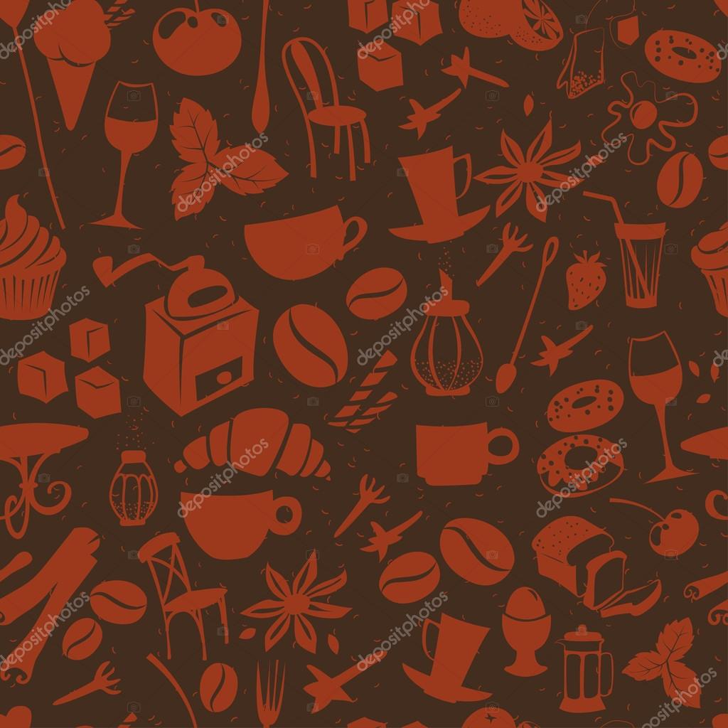 Vector illustration Seamless coffee pattern with latte, cappuccino, pies, doughnuts,  croissants, cups, glasses and other cafe objects