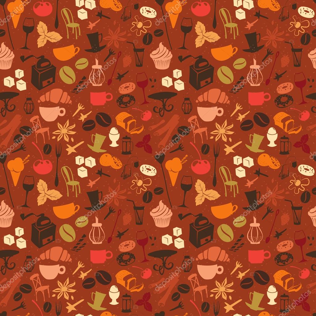 Vector illustration Seamless coffee pattern with latte, cappuccino, pies, doughnuts,  croissants, cups, glasses and other cafe objects