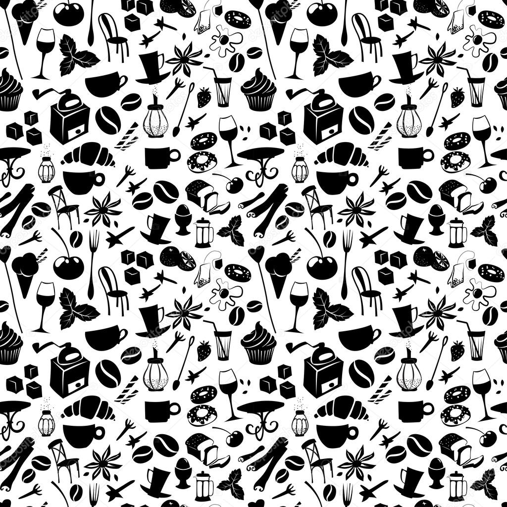 Vector illustration Seamless coffee pattern with latte, cappuccino, pies, doughnuts,  croissants, cups, glasses and other cafe objects