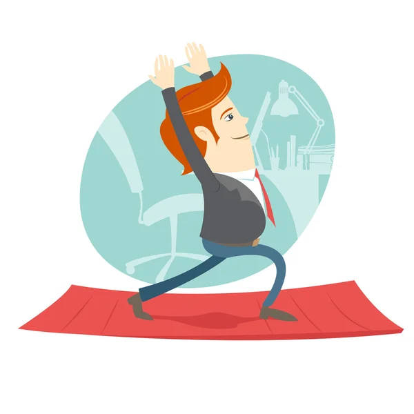 Office hipster man practicing warrior yoga pose near his workpla — Stock Vector