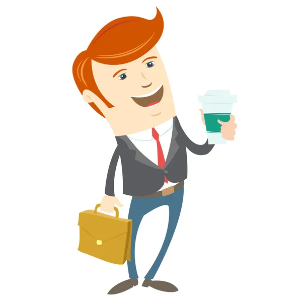 Hipster office man holding coffee and brief case. Flat style — Stock Vector