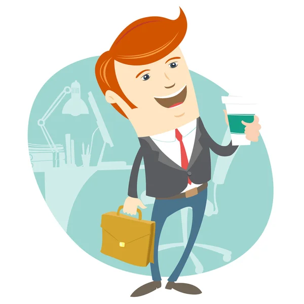 Hipster office man holding coffee and brief case in front of his — Stock Vector