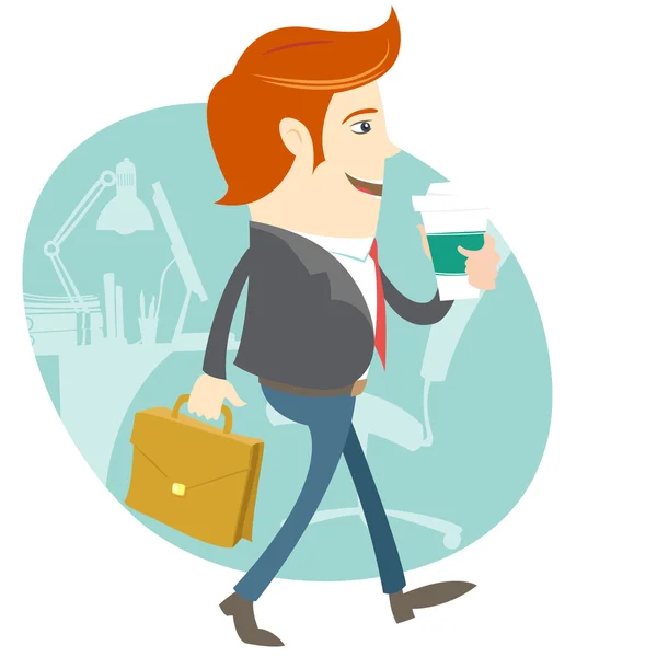 Hipster office man walking and holding coffee and brief case in — Stock Vector