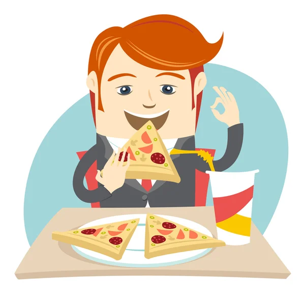 Хипстерский официант ест пиццу в кафе. Плоский стиль — стоковый вектор