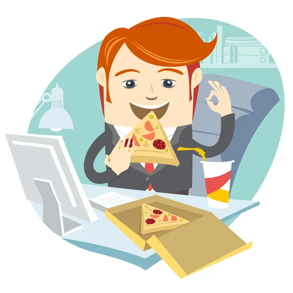El oficinista Hipster comiendo pizza en su lugar de trabajo. Estilo plano — Vector de stock