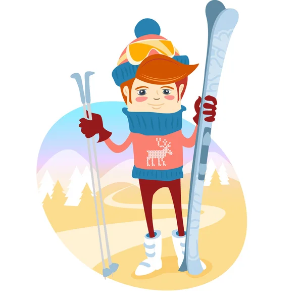 Hipster skier in front of slopes with his ski and ski pole. Flat — Stock Vector