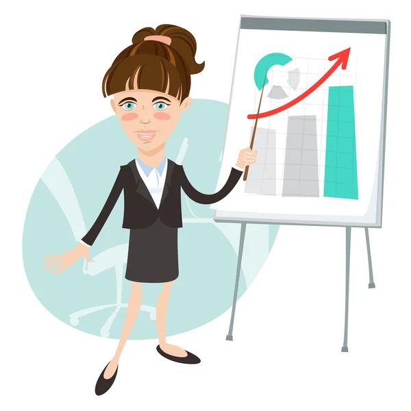 Egy irodai nő grafikont mutat be a flip-chart-on. Lapos stílus — Stock Vector