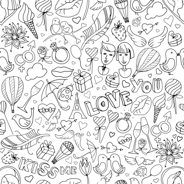 Valentine's Day pattern. Sketch style. Black & white — Stock Vector