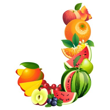 Letter J composed of different fruits with leaves