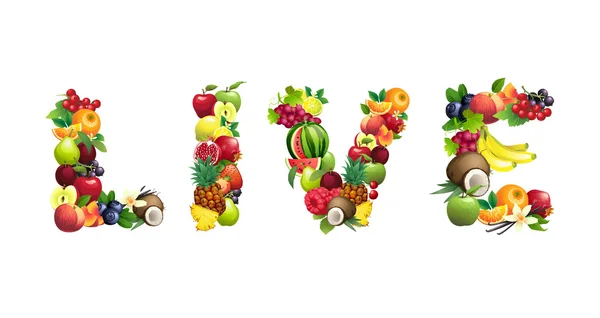 Word LIVE composé de différents fruits avec des feuilles — Image vectorielle