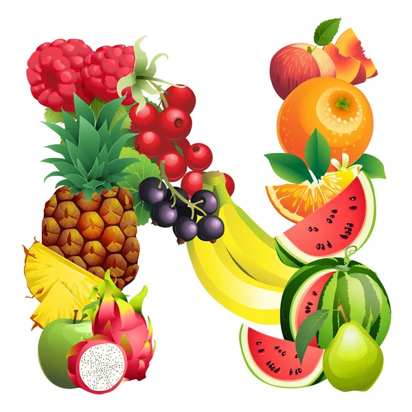 Letter N composed of different fruits with leaves — Stock Vector