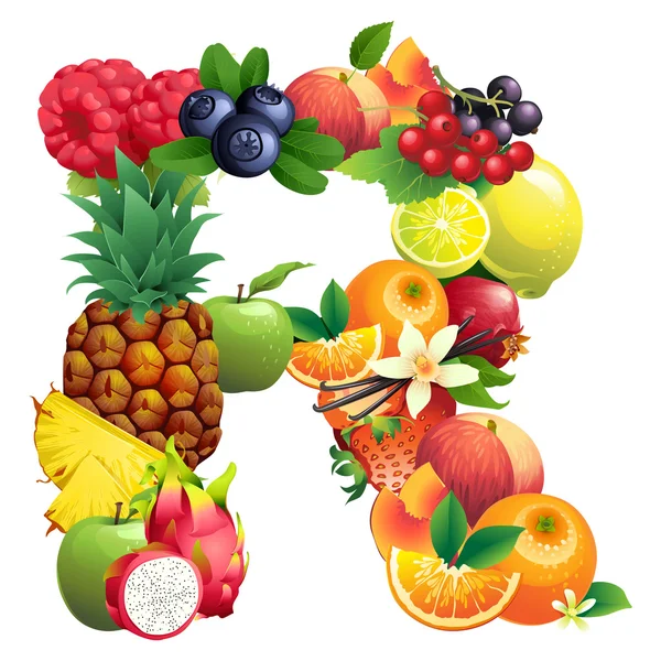 Letter R composed of different fruits with leaves — Stock Vector