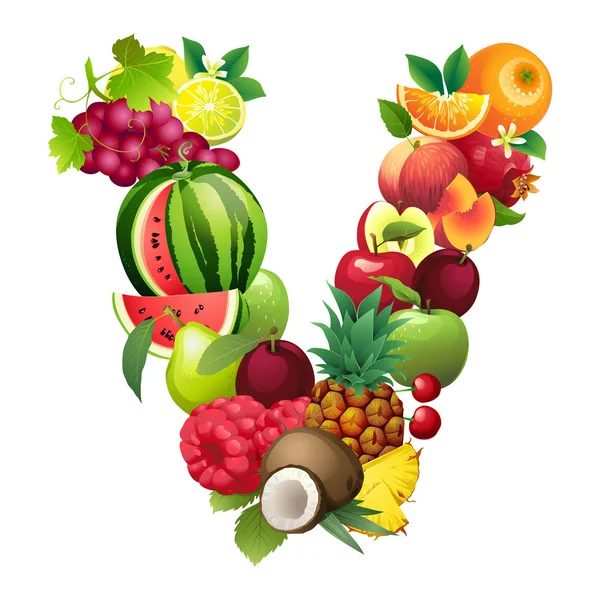 Letter V composed of different fruits with leaves — Stock Vector