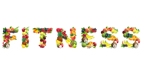 Mot FITNESS composé de différents fruits avec des feuilles — Image vectorielle