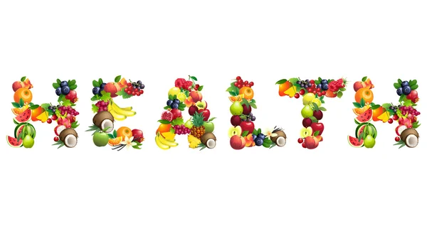 Слово Здоров'я складається з різних фруктів з листям — стоковий вектор