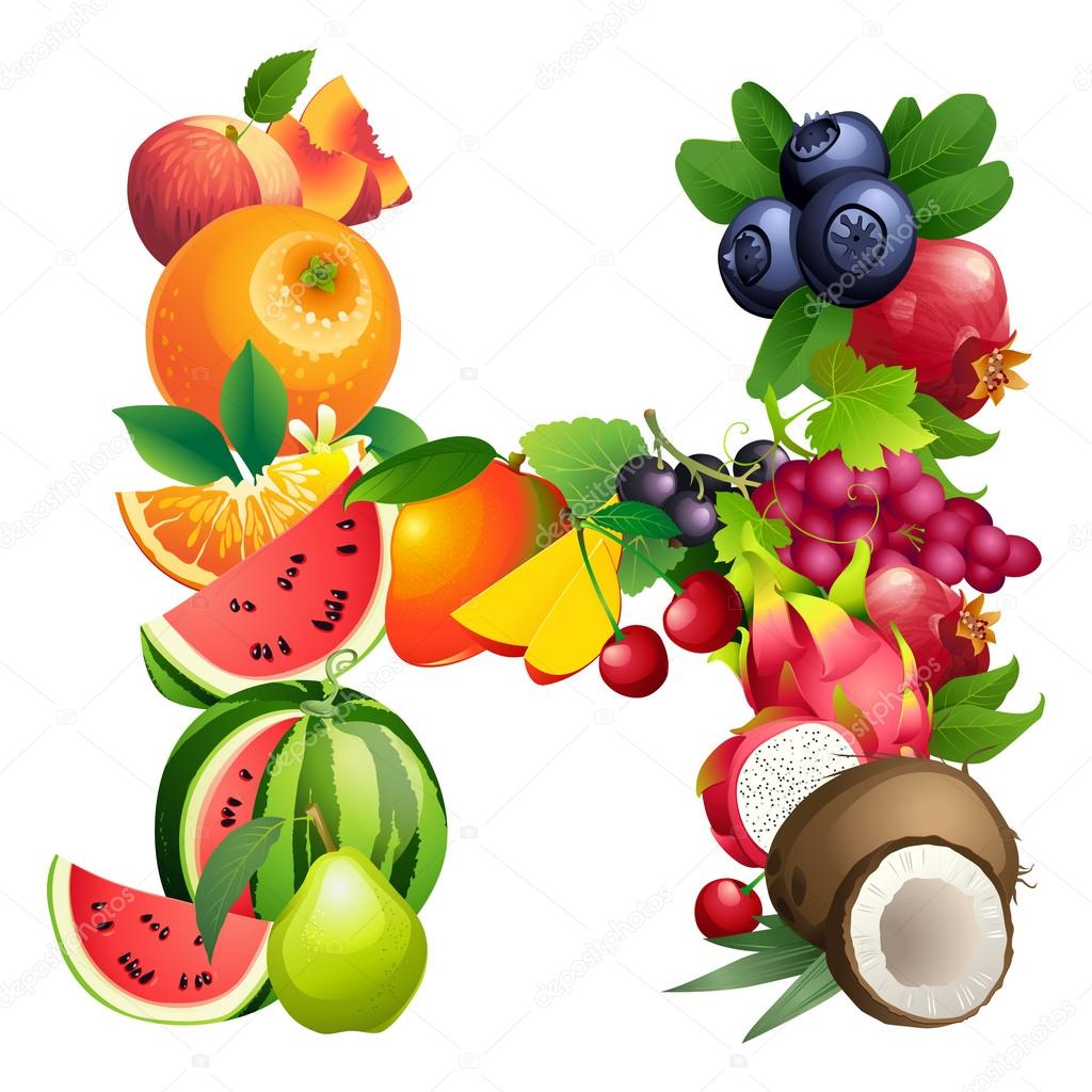 Vector illustration Letter H composed of different fruits with leaves
