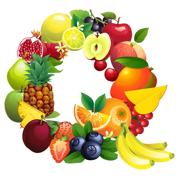Буква Q состоит из различных фруктов с листьями — стоковый вектор