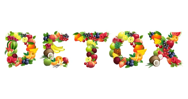 Palabra DETOX compuesta de diferentes frutos con hojas — Vector de stock
