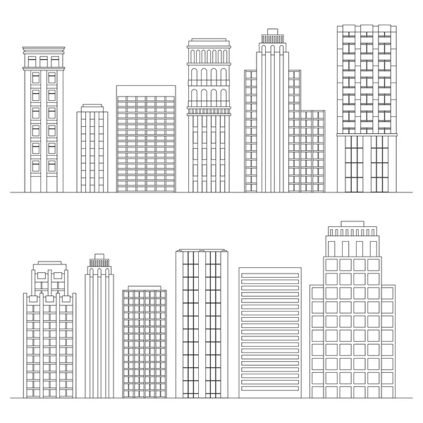 Set di grattacieli di linea. Bianco e nero — Vettoriale Stock
