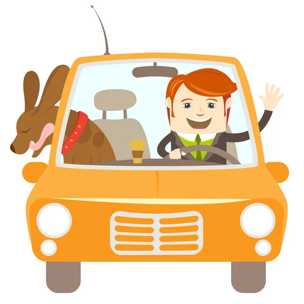 流行に敏感な旅行者彼の犬が付いている車を運転 — ストックベクタ