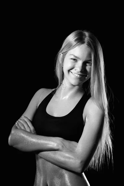 Γυμναστήριο γυναίκα πορτρέτο που απομονώνονται σε λευκό φόντο. Χαμογελώντας hap — Φωτογραφία Αρχείου