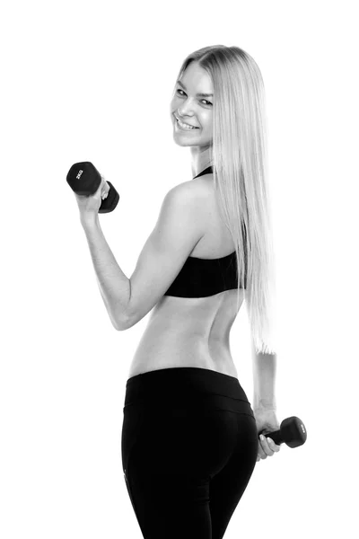 Fitness vrouw met halters portret geïsoleerd op witte backg — Stockfoto