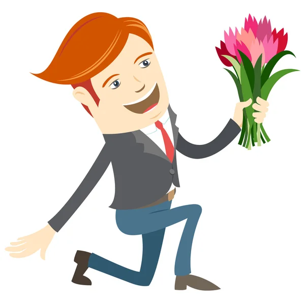 Csípő vicces ember térdelve gazdaság virágok. Lapos stílusú — Stock Vector