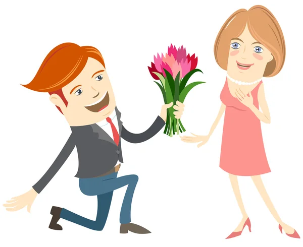 Hipster funny man kneeling giving flowers to the smiling woman. — Stock Vector