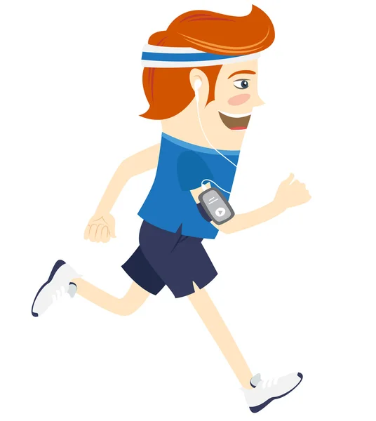 Hipster divertido hombre corriendo y escuchando música. Estilo plano — Vector de stock