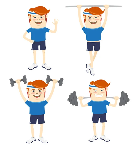 Set of Hipster funny sportsmen doing exercises. Flat style — Stock Illustration Set of Hipster funny sportsmen doing exercises. Flat style Royalty Free Stock Vectors