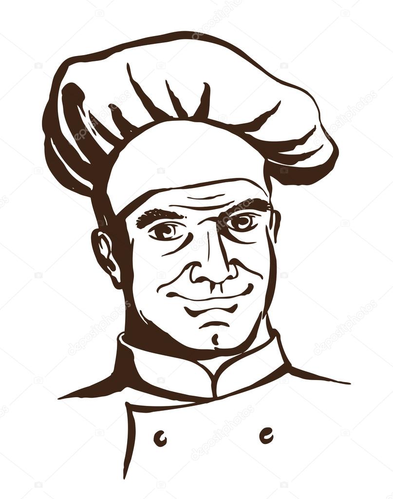 Handsome chef wearing hat and uniform. Hand drawing logo Stock Vector