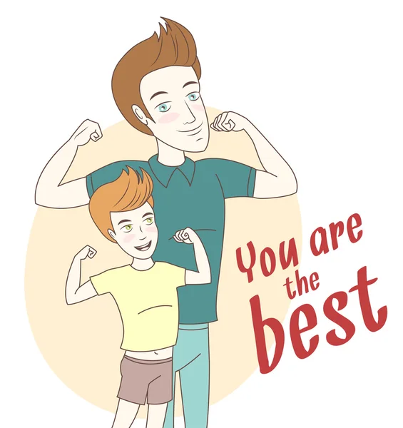 Père et fils montrant des biceps. Style dessiné à la main. Style dessiné à la main — Image vectorielle