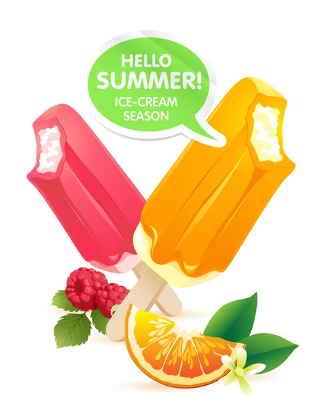 Apelsin och hallon popsicle glass färgglad affisch — Stock vektor