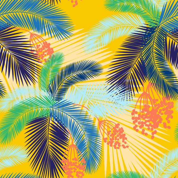 Vector illustration Seamless color palm leaves and fruit pattern — Stock Vector