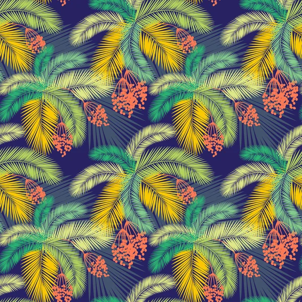 Векторная иллюстрация Бесшовный цвет пальмовых листьев и фруктовый узор — стоковый вектор