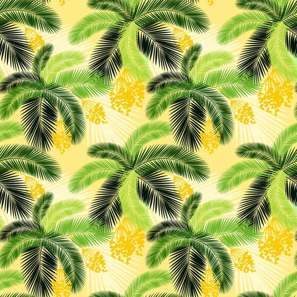 Ilustração do vetor Folhas de palma de cor sem costura e padrão de frutas — Vetor de Stock