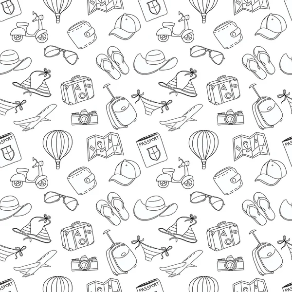 Esquisse vacances d'été motif sans couture doodle. Noir et blanc — Image vectorielle