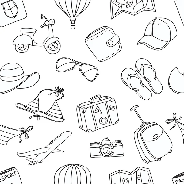 Summer vacation sketch doodle seamless pattern. Black and white — Stock Vector