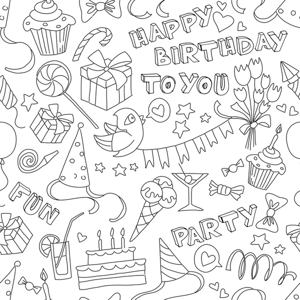 Happy Birthday Party Doodle schwarz und weiß nahtlose Muster — Stockvektor