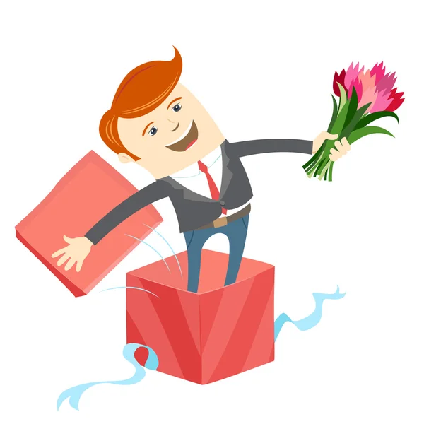 Hombre en caja de regalo grande con ramo de flores — Vector de stock