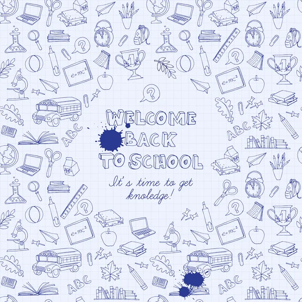 Vissza az iskolába a gyerekek üdvözlőlap doodles busz, könyvek, co — Stock Vector