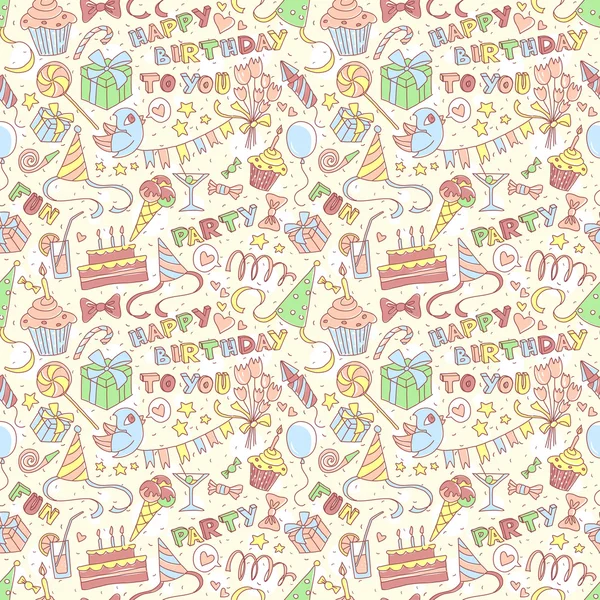 Happy birthday party greeting seamless pattern with hand drawn l — Stock Vector