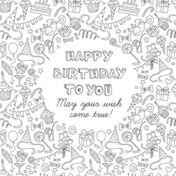 Bonne fête d'anniversaire carte de vœux avec motif dessiné à la main et l — Image vectorielle