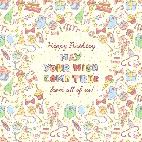 Happy Birthday Party Einladung mit handgezeichneten Muster und lett — Stockvektor