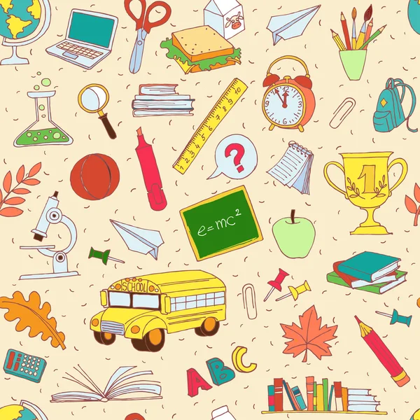 Volver a la escuela patrón sin costuras de los niños garabatos con autobús, libros, — Vector de stock