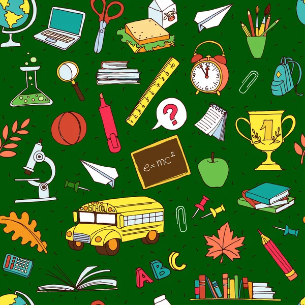 学校に戻るバス、本と子供のドアのシームレスなパターン, — ストックベクタ