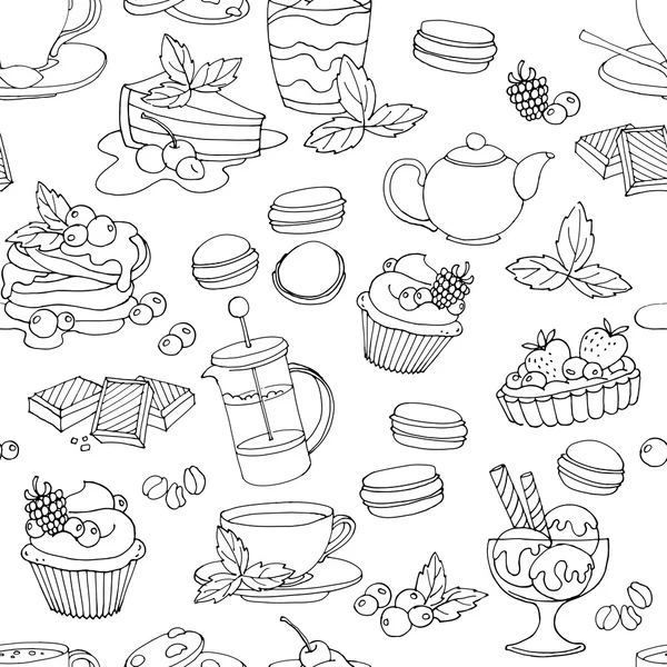 Bezešvé pattern čerstvé dezerty s káva, čaj, bobule, zmrzlina — Stockový vektor