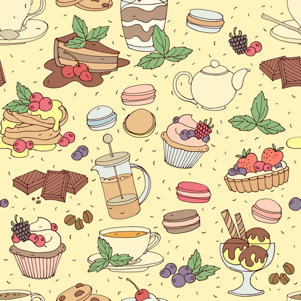 Nahtlose Muster frische Desserts mit Kaffee, Tee, Beeren, Eis — Stockvektor