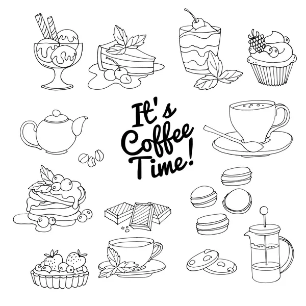 Conjunto de postres frescos con café, té, baya, helado, cupcak — Vector de stock